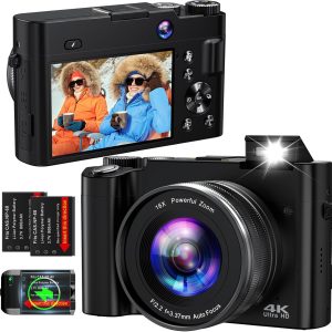 4K Digital Camera for Photography Autofocus 64MP Vlogging Camera for YouTube with Dual Cameras 16X Digital Zoom 4K Compact Travel Video Camera with 32GB SD Card,2 Batteries,Flash, Anti-Shake (Black)